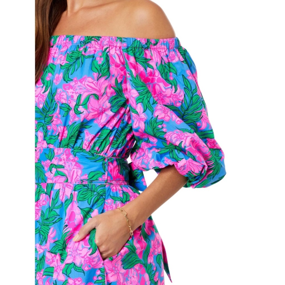 Lilly Pulitzer Pink & Green Floral Off-Shoulder Midi Dress - Picture 2 of 14